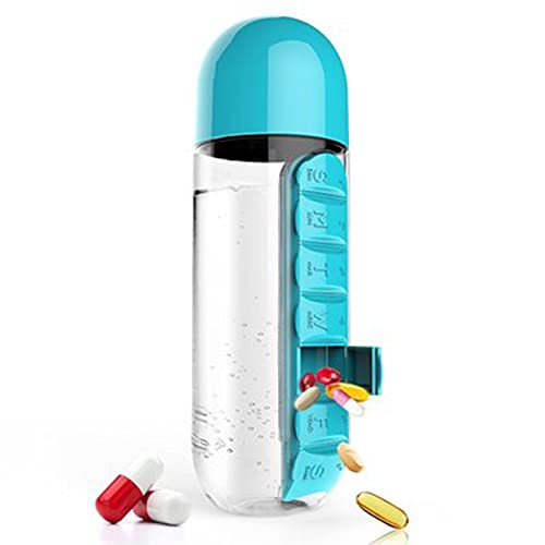 2-in-1 Pillendose für den Außenbereich, tragbare Wasserflasche mit Medikamentenbox, 600 ml, tragbare 7-Tage-Pillendose für Camping, Fitnessstudio, Schule, Büro, Reisen (blau) Cover