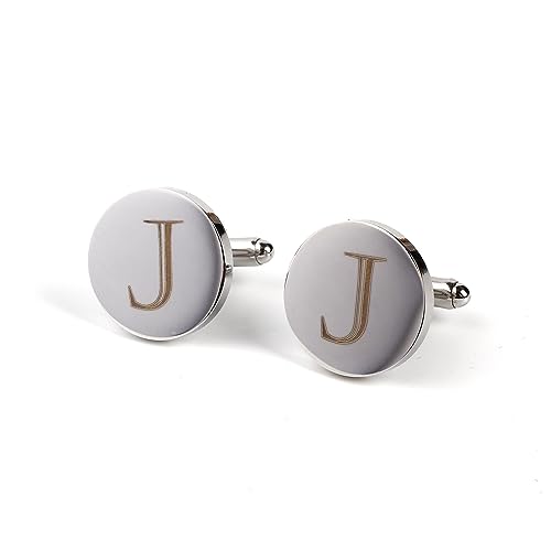 Image of Mens Initial Silver Cufflinks A-Z Alphabet Letter Steel Cuff Links with Engraved Walnut Wood Box Groom Groomsman Wedding Set