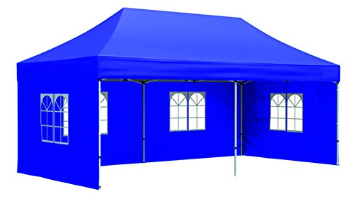 Invezo 10 x 20 feet Canopy Tent (35 kgs, Semi Premium, Blue with 3 European Side Covers) Including Cover Bag - 2 Minute Easy Installation Gazebo Tent