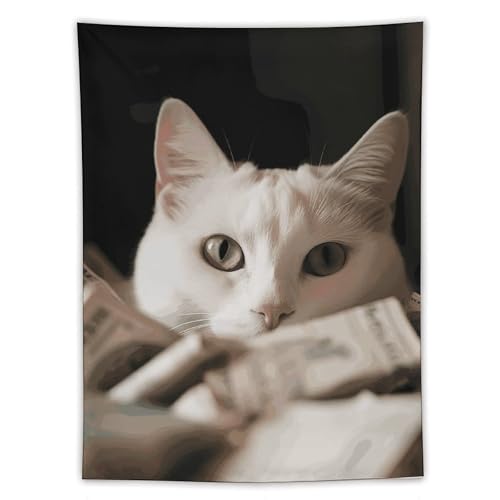 Tapisserie chat blanc 152x203 cm pour habiller un mur vide