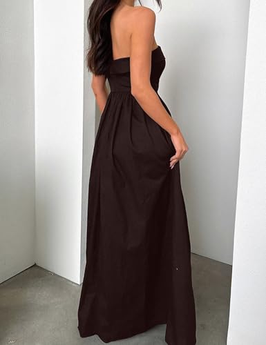 Image of Women Summer Strapless Maxi Tube Dress 2024 Trendy Solid Pleated Flowy Dress Wedding Guest Maxi Dresses Party Club