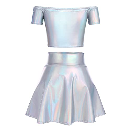 Jupe plissée et crop top argent métallisé style alien sexy - 3