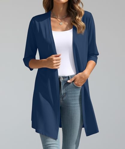 Image of YSYOKOW Womens Open Front Long Cardigan 3 /4 Sleeve Lightweight Knit Cardigan Casual Layering Spring Summer