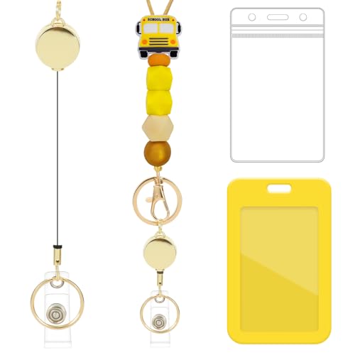 Cordon rétractable porte-badge jaune en perles silicone avec porte-carte d'identité