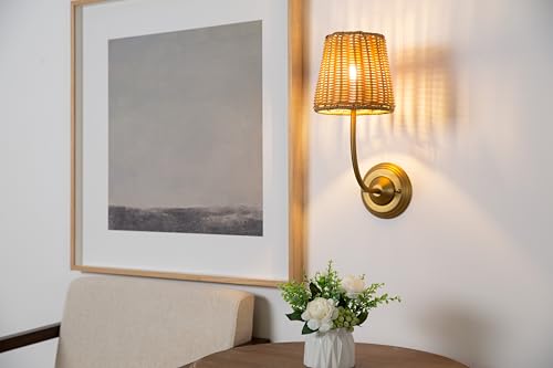 Image of Yosoan Rattan Boho Wrapped Wall Sconce Light, Indoor Hardwired Gold Hand-Woven Farmhouse Vintage Wall Lamp, Brass Handmade Shade Wall Mount Fixture for Reading Bedside Bedroom Nursery Rustic(Antique)