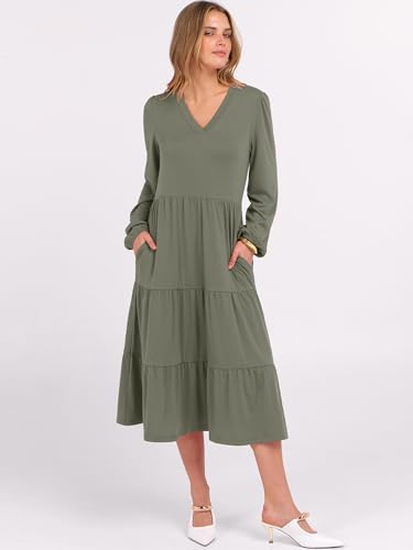 Image of ANRABESS Women's Long Lantern Sleeve Floral Midi Dresses 2026 Fall V Neck Casual Flowy A-line Tiered Boho Vacation Dress