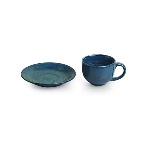 Image of ExclusiveLane 'Ocean Ripples' Ceramic Tea Cup and Saucer Set of 6 (Studio Pottery, 120 ml, Blue, Microwave Safe) |Ceramic Cup Saucer Set of 6 for Tea Cups with Saucer Chai Cup Coffee Cup with Saucers
