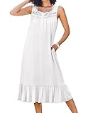 Ekouaer Women's Nightgowns Victorian Long Sleeveless Night Gown with Pockets Lace Trim Button Up Nightdress, White, Medium