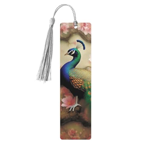タッセル付きオリエンタルピーコックフラワーツリーブックマーク、木製ブックマーク、女性、男性用、本好きのためのハンドメイドブックマーク、読書ページマーカー木製タグオーナメント誕生日教師ギフト