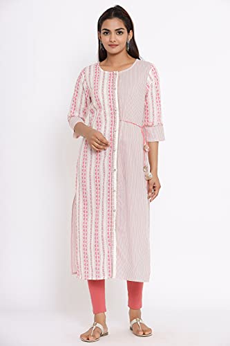 Image of JAPER KURTI Woman's Cotton Geometric Print White Color 3 /4th Sleeve Round Neck Straight Kurta