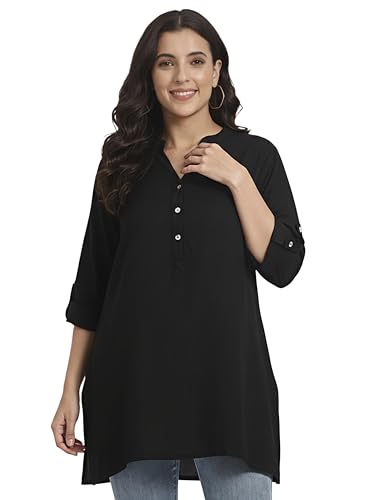 Image of Women's Roll-Up Sleeve Tunic Top, V-Neck with Button Front, Side Pockets, Rayon Short Kurti