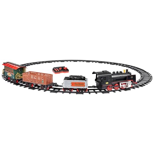 Image of Amazon Basics Remote Control Steam Engine Hobby Train Set with Tender and Gondola and Caboose Smoking, working light and realistic sounds Age 3 or up Perfect for Kids, Multicolor