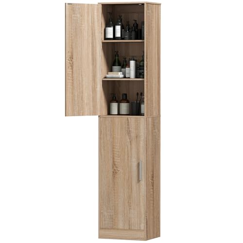 HOMCOM Meuble de Salle de Bain, Colonne Salle de Bain étroit avec 2 Portes et 4 étagères réglables, Meuble de Rangement pour Salon, Toilette, Petits espaces, 40 x 35 x 180 cm, Bois Naturel