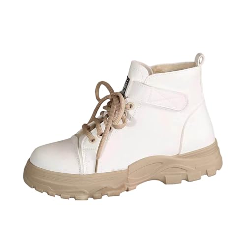 2025 European Station Interior Botas de invierno de terciopelo para mujer en el nuevo estilo británico con cordones, botas de moda con cremallera lateral gruesa botines cortos con cordones, Blanco, 38