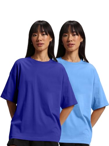 Image of JUNEBERRY Pure Cotton Drop Shoulder Oversized Baggy Fit Half Sleeve Plain Solid Round Neck Multicolor T-Shirt for Women & Girls (Pack of 2) (Sizes S-2XL)