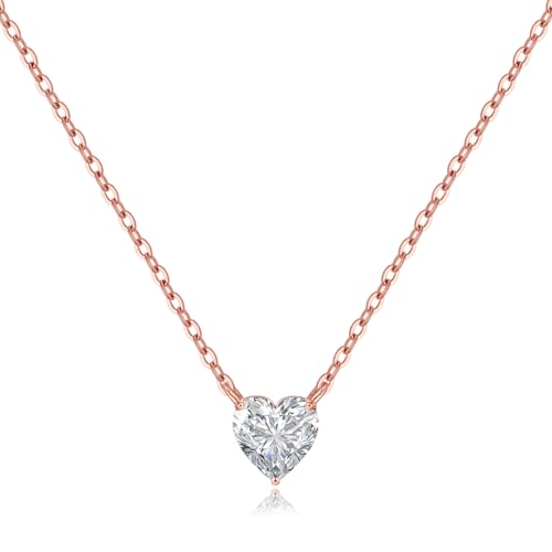 Collar Plata de Ley 925 en Chapado en Oro Rosa Collar Mujer con Colgante de Diamantes Corazón Navidad Regalo para Mujer