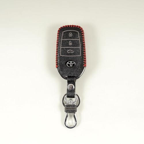 Image of Leather Smart Car Key Cover Case with Metal Hook Keychain for Toyota Fortuner Innova Crysta (Black)