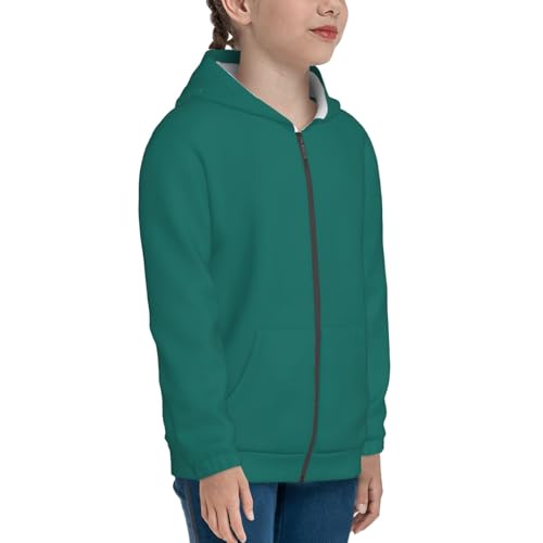 Solid dark green Print Girls Athletic Zip Up Hoodies,Sweatshirts with Pockets Long Sleeve Hooded Jackets, for 7-18 Y3