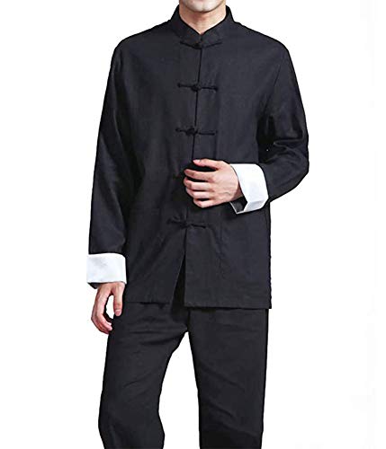 DJF Men\'s Kung Fu Suit Chinese Martial Arts Uniform Meditation Suit Roll-Up Sleeve Frog Button Jacket Pants Outfit (Black, XXL)