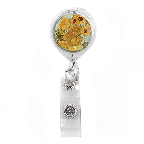 Buttonsmith Vangogh Sunflowers Retractable Badge Reel - with Alligator Clip and Extra-Long 36 inch Standard Duty Cord - Made in The USA