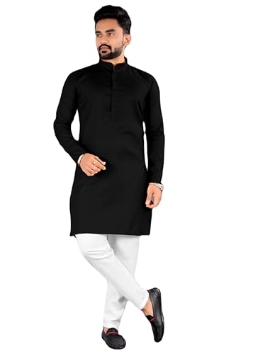Image of Cotton Blend Solid Mandarin Chinese Neck Full Sleeve Kurta for Men