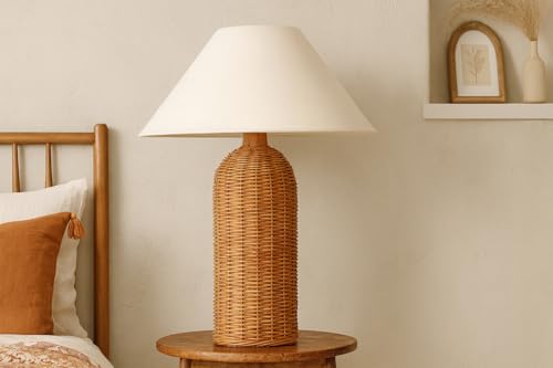 Image of AKWAY Bamboo Bedside Table lamp for Bedroom | Rattan Study Table lamp | Cane for Home Decoration | Wicker (Bulb not Included) (Brown) - Quana