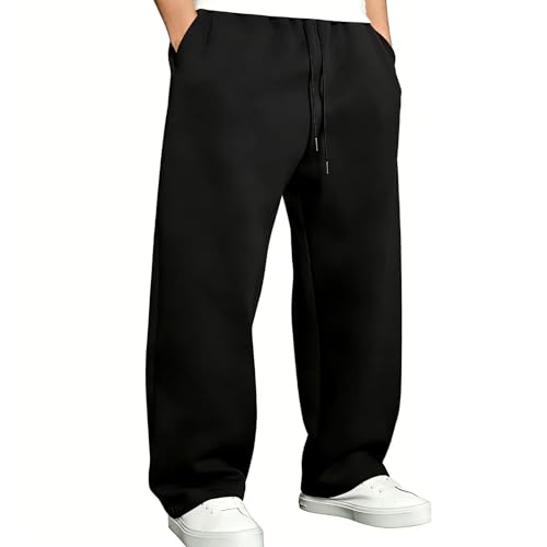 Qekoma Mens Casual Baggy Sweatpants Elastic Drawstring Waist Wide Leg Lounge Pants Streetwear with Pockets Black