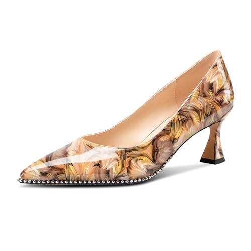 Image of TNYNFBEB Womens Mid Kitten Heel Pointed Toe Pumps Slip-on Silver Beaded Prom Party Dress Patent Leather 2.6 Inches Heels