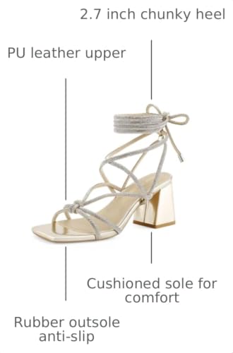 Image of Shoe'N Tale Lace Up Heels for Women Ankle Strappy Gladiator High Heeled Sandals Chunky Block Heel Square Open Toe Criss Cross Dress Shoes