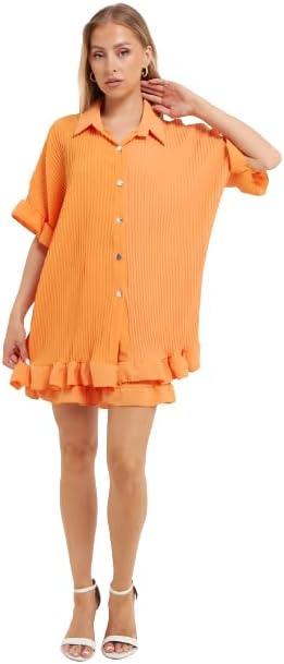 AA ESSENTIALS® Women’s Gold Button Collared Pleated Top and Shorts Co-Ord Set - Ladies 2 PCS Summer Outfits Frill Short Sleeve Shirt & Hotpants Loose Fit Loungewear Suits One Size 8-18
