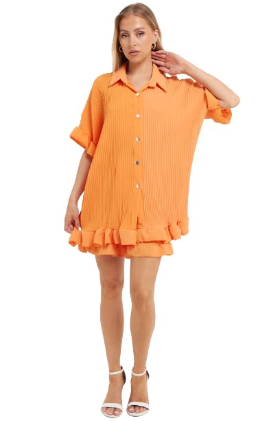 AA ESSENTIALS® Women’s Gold Button Collared Pleated Top and Shorts Co-Ord Set - Ladies 2 PCS Summer Outfits Frill Short Sleeve Shirt & Hotpants Loose Fit Loungewear Suits One Size 8-18