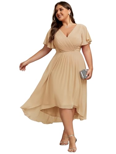 Image of Ever-Pretty Plus Summer Short Sleeves V-Neck Formal Wedding Guest Dresses for Curvy Women Chiffon Midi Cocktail Party Dress