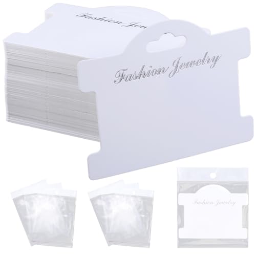 SOFPLATE 100Pcs 3.78 x 2.95 Inch Jewelry Packaging Card Bracelet Display Cards Bracelets Paper Display Board with 5.91 x 3.94 Inch Bags White Cardboard Jewelry Holder for Hanging Necklaces Earrings