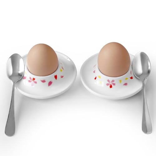 Image of Cinf Ceramic Sakura Egg Holder Set of 2 Porcelain Holder With 2 Stainless Steels Egg Spoons Breakfast Boiled Cooking Easy to Clean Childhood Memories Kitchen