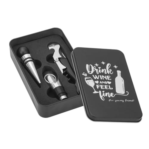 1 Kit de Acessórios para Vinho com Estojo Presenteável 4 Peças Design Wine and Feel Fine Preto com Tampa Abridor Saca Rolha Garçom Aerador Bico Dosador Canivete