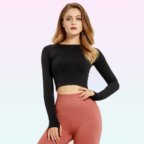 Long Sleeve Workout Shirts For Women Gym Running Yoga Tops Thumb Hole Long Sleeve Crop Tops For Women/Dark Grey-S #TOP2