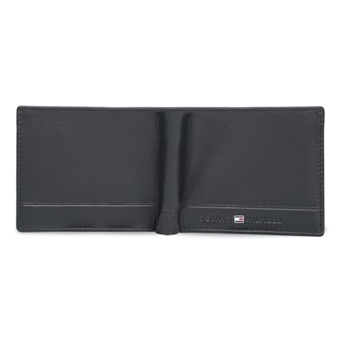 Image of Tommy Hilfiger Men's Leather Wallet Colatina | Solid Black Bi-Fold with Global Coin Pocket, 4 Card Slots | Stylish Purse for Gents