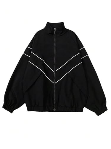 Image of GORGLITTER Men's Hip Hop Jacket Contast Binding Zip Up Long Sleeve Windbreaker Coats Black Small