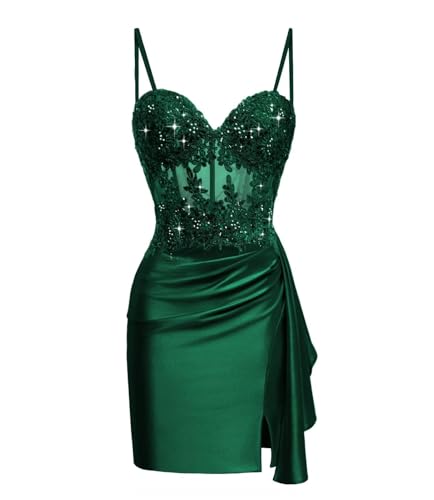 Ztikolen Emerald Green Lace Satin Bodycon Homecoming Dress 2025 | Short Mini Prom Gown for Emerald Green-Tie Events & New Year's Eve Galas Size 6