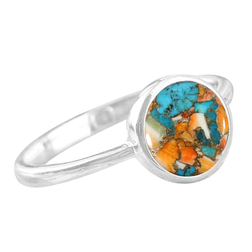 Spiny Oyster Copper Turquoise Ring 925 Sterling Silver Ring Round Shape Handmade Turquoise Ring For Women Everyday Ring For Birthday, Wedding Gift For Her Orange Gemstone Ring By NKG