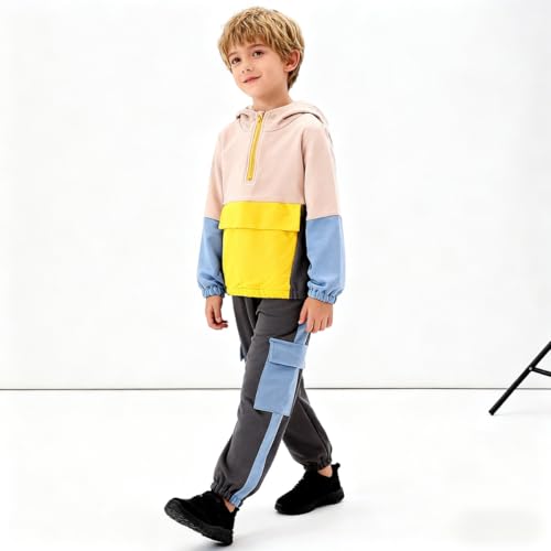 Image of Azmxynol Boys Clothes Kids Little Boy Color Block Half Zip Hoodie & Jogger Pants 2 Piece Outfit Set,4-12 Years
