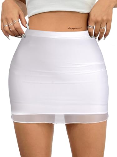 Women's High Waist Ruched Bodycon Lettuce Trim Mesh Mini Skirt White