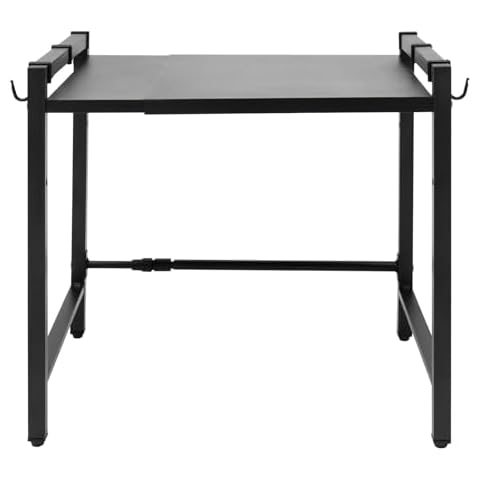 UIdili Stretchable Microwave Oven Stand, Double Adjustable Oven Rack Counter Storage Rack with 6 Hooks Kitchen Countertop Organizer for Kitchen Living Room Den Balcony Dining Room, Black Cover