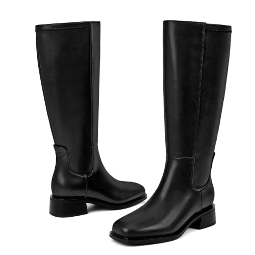 Image of QIY Knee High Boots for Women Low Heel Flat Tall Boots | Stretch Boots, Chunky Heel Womens Boots, Square Toe Heeled Fall Winter Dress Riding Long Boot with Side Zipper