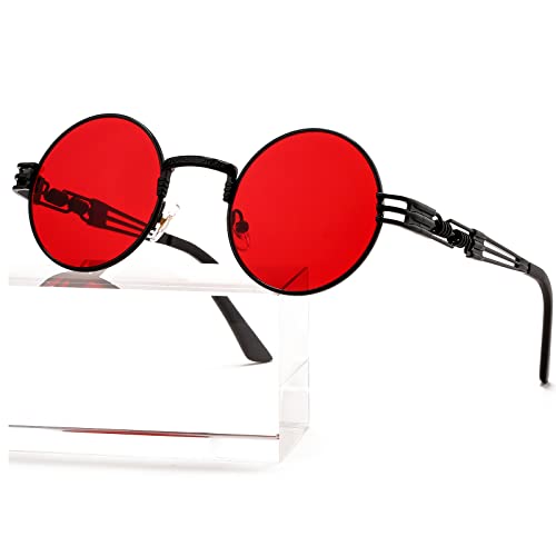AIEYEZO Round Steampunk Sunglasses for Men Women Retro Circle Hippie Glasses Metal Frame 100% UV Blocking Lens (Black/Ocean Red)