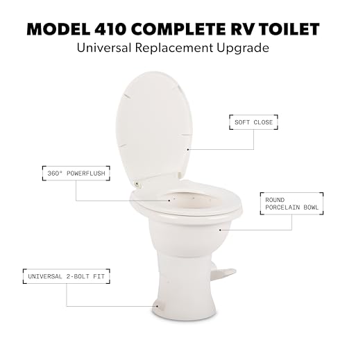 Image of Dometic Model 410 Complete RV Toilet - Round Porcelain Bowl, Universal Fit & 2-Bolt Mount, 18 inch Chair Height Residential-Style, Gravity Flush Toilet with Soft-Close Seat, White (9610008259)