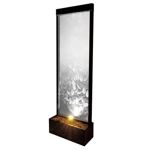 Alpine Corporation MLT156 Indoor/Outdoor Glass Panel Fountain with Embossed Leaves, Modern Waterfall Fountain, 72