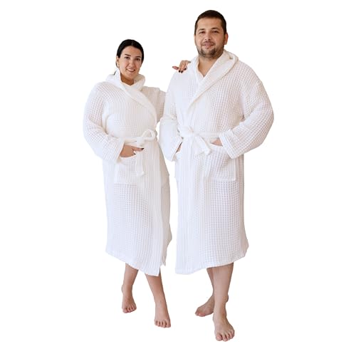 Unisex Hooded Waffle Robe for Women & Men 100% Turkish Cotton | Quick-Dry Bathrobe | Cozy Housecoat for Lounging