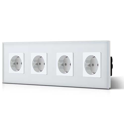 BSEED Schuko Steckdose Kristallglas Platte 4 Fach Steckdose 16Amp AC Power 240V Verlängerungssteckdosen 299mm Wandsteckdose Weiß – Ansicht 1