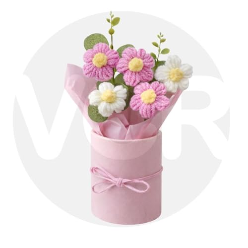 Image of VCR Handmade Pink Crochet Bouquet- Pack of 1 - Hand Woven Knitted Artificial Hand Knitted Bouquet Flower for Office Desk, Table, Car, Bedroom, Wedding & Special Occasions